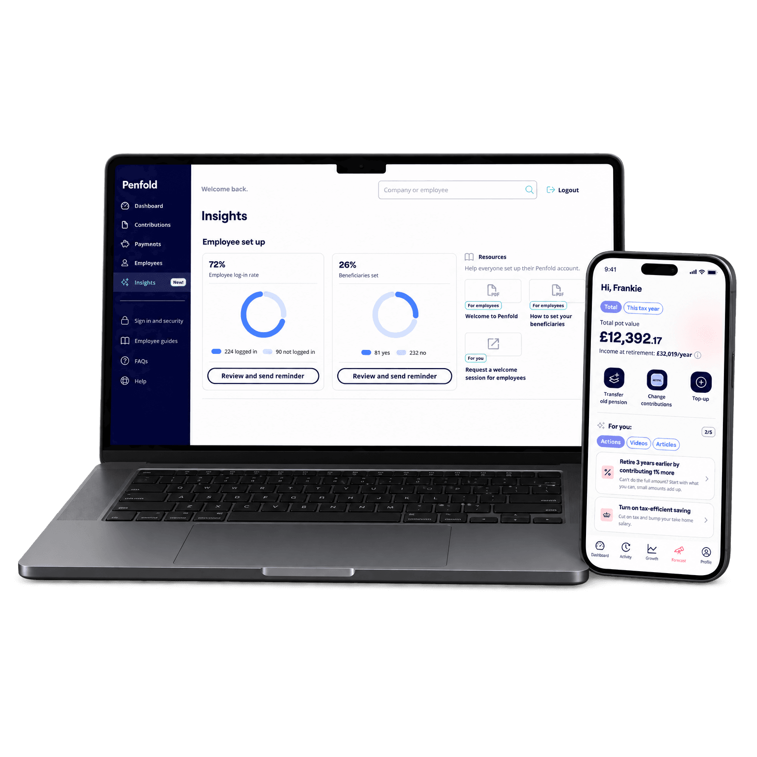 The Penfold pension platform shown on a laptop displaying an employer insights dashboard and a smartphone displaying a personal pension account.